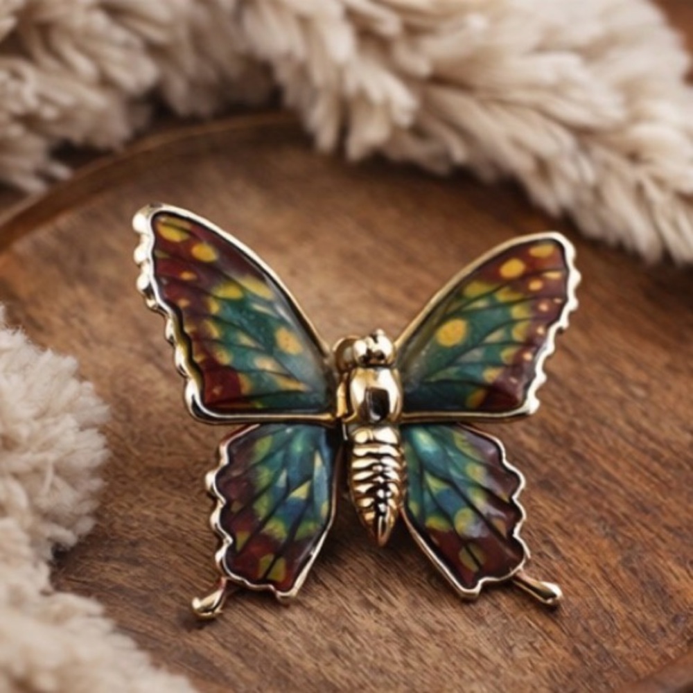 Vintage Butterfly Brooch Sunburst Enamel Teal Blue Brown Gold Tone